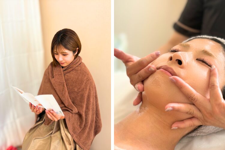 よもぎ蒸し＆エステでダブルケアしてる女性画像